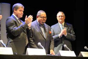 Arthur Porter, the MUHC's Director General and CEO, is flanked by Quebec Health Minister Yves Bolduc (left) and Montreal Mayor gerald Trenblay (right) during the April 1 sod-turning event for the Glen Campus project. / Photo: Peter McCabe