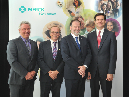 (from left to right): Dr. Daniel Bourbonnais, Associate Dean-Research and Scientific Innovation, Université de Montréal; Dr. Philippe Gros, Vice-Dean, Life Sciences, McGill University; Mr. Pierre Duchesne, Minister of Higher Education, Research, Science and Technology; and Dr. Thomas R. Cannell, President and Managing Director, Merck Canada Inc.