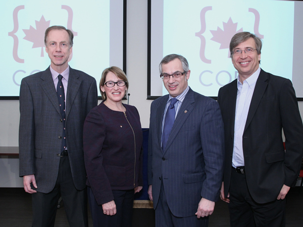 From right to left: Prof. James Clark, Dept. of Electrical and Computer Engineering; Principal Suzanne Fortier; Treasury Board President Tony Clement and Prof. Gregory Dudek, McGill School of Computer Science at today's announcement. / Photo: Owen Egan