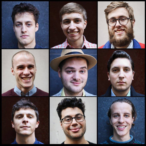Busty and the Bass, clockwise from upper left, Evan Crofton, Eric Haynes, Scott Bevins, Christopher Vincent, Mike McCann,  Nick Ferraro, Julian Trivers,Milo Johnson and Louis Stein (centre). / Photo: Nat Carson Photography.