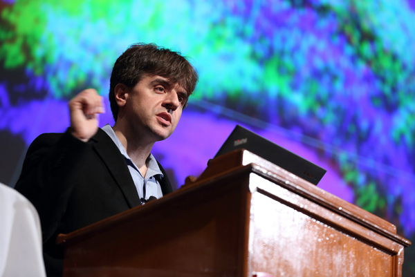 Dr. Karl Deisseroth  makes a point during the Beatty Lecture on Oct. 16. / Photo: owen Egan