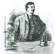 Drawing of Ernest Rutherford in his laboratory