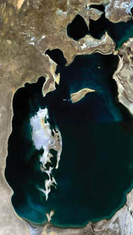 Satellite view shows the retreating shore of the Aral Sea, formerly one of the world's largest inland seas. Image at left was taken in 1989, at right in 2003. 