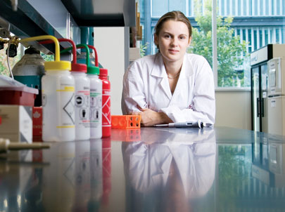 Post-doctoral fellow Magali Millecamps shows off the new laboratory space for pain research, part of AstraZeneca’s $2.5-million investment in McGill. Millecamps studies complex regional pain syndrome (CRPS), a chronic condition triggered by injury to the bone or soft tissue, in the hope of improving treatment for this little-understood syndrome.