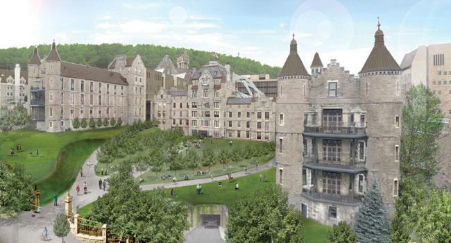 Le projet de reconversion du site de l’Hôpital Royal Victoria proposé par McGill comprend un nouvel accès piétonnier au mont Royal et 40 pour cent plus d’espaces verts grâce à l’élimination de surfaces asphaltées (comme le stationnement actuel) et à la réduction de la superficie des bâtiments. / Image : DMA Architectes