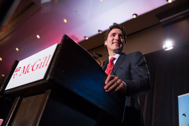 Justin Trudeau lors d’un événement tenu à McGill en 2015. Photo : Adam Scotti