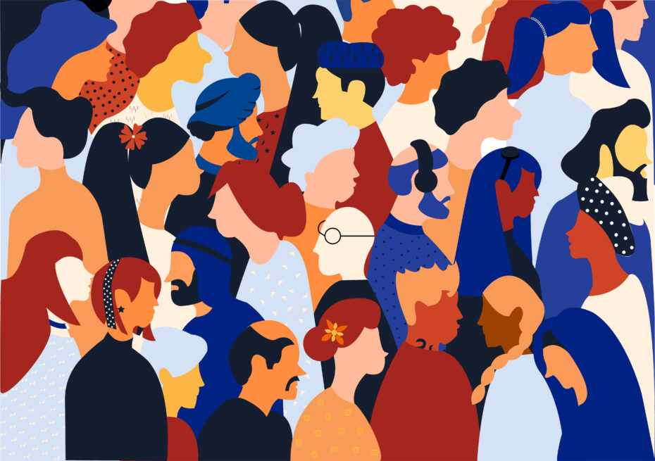 Flat illustration of a crowd containing diversified people.