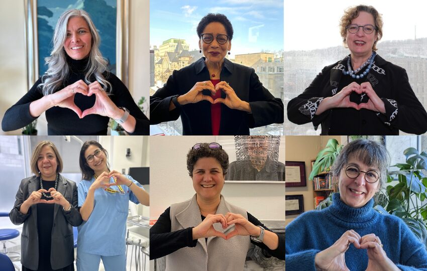 A collage of six of McGill's women deans each forming the #InspireInclusion heart pose with her hands.