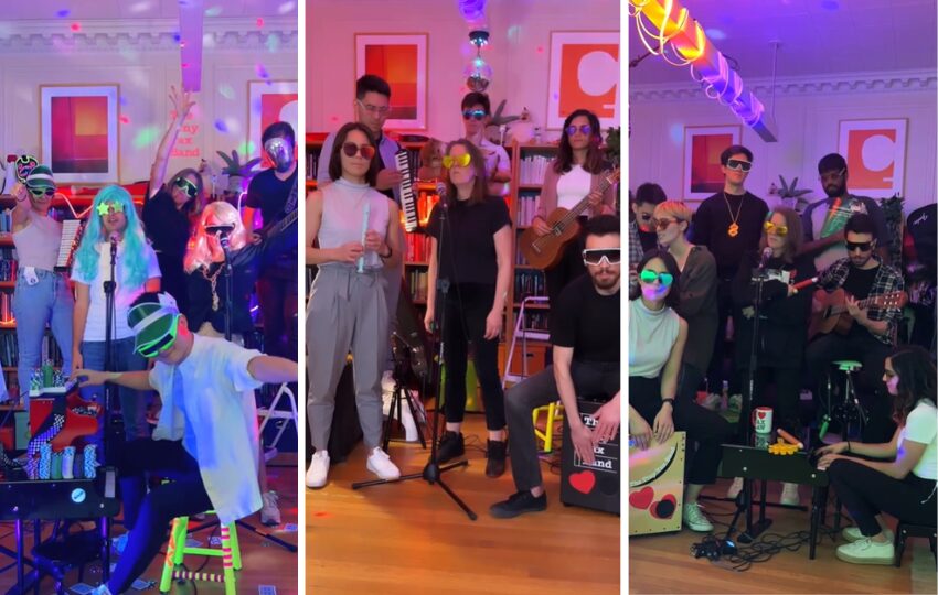 Screenshots of the tiny tax band; members are wearing colourful sunglasses, carrying musical instruments, and lit by colourful strobe lighting.