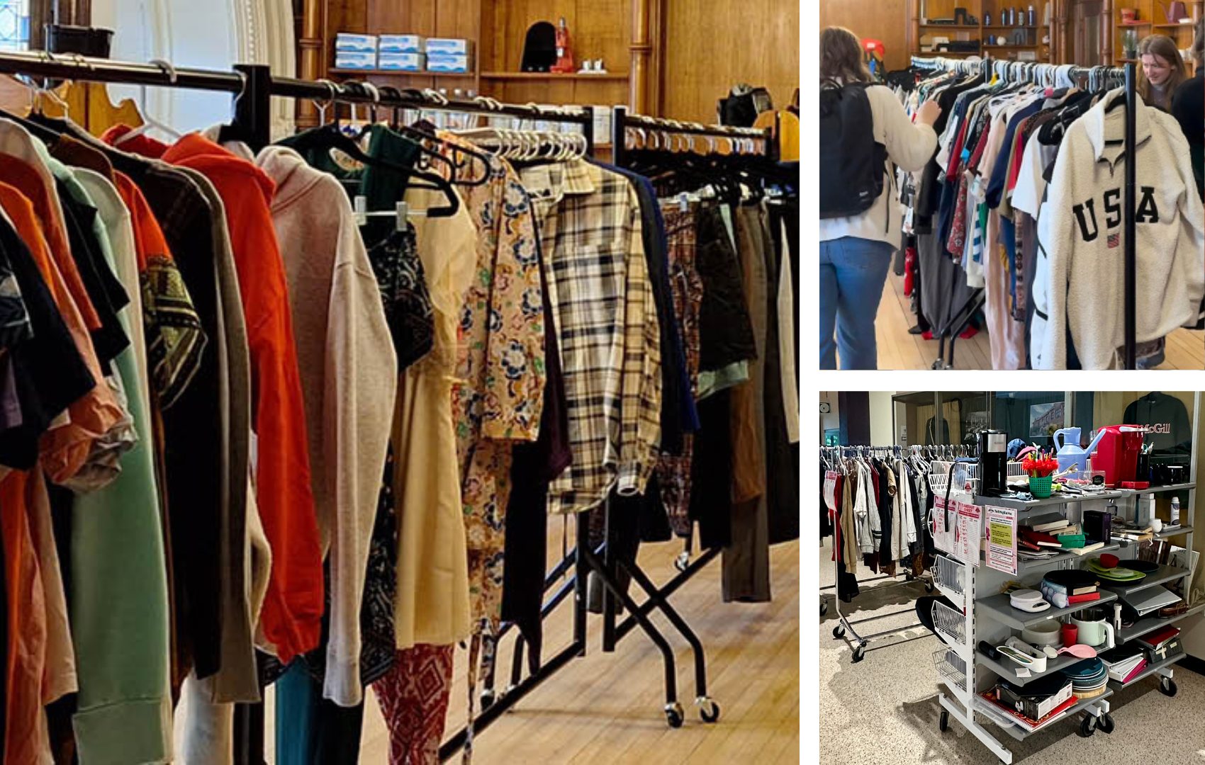 A collage of photos showing racks of items at the McGill Thrift shops