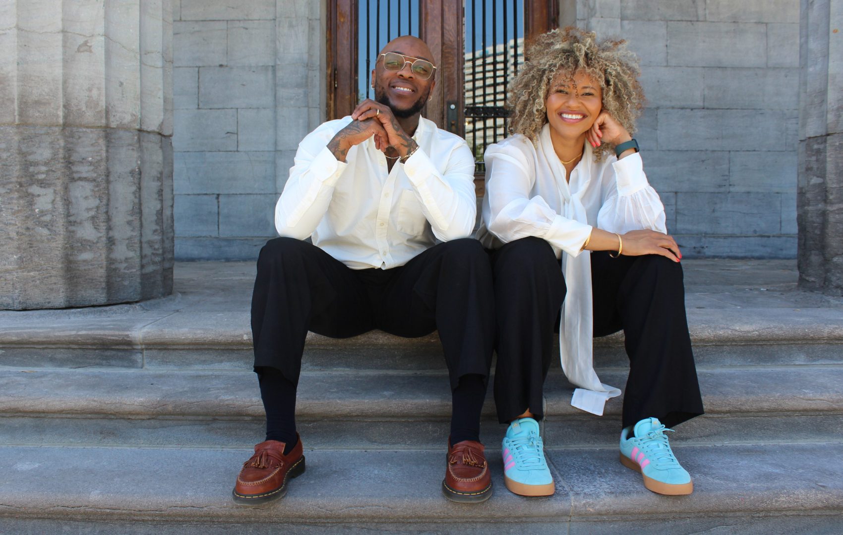 Maurice Riley Case and Iyman Ahmed-LeBlanc on the steps of the McCall MacBain Arts Building