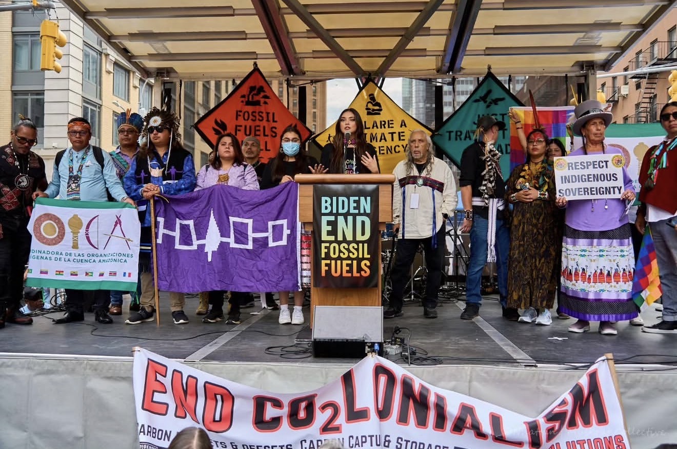 Karahkwinetha Sage Goodleaf-Labelle speaks at the 2023 March to End Fossil Fuels in New York City