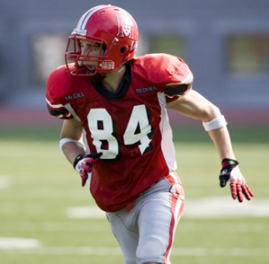 All-Canadian reciver Charles-Antione Sinotte, who led the nation with a CIS record 72 recptions in 2007, should play a key role in the Redmen offene this season. / Photo: Andrew Dobrowolskyj