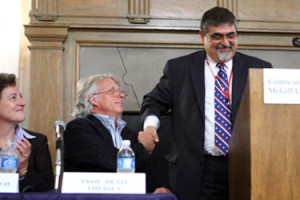 V-P Research Denis Thérien (middle) congratulates Research Institute Director Vassilios Papadopoulos (right) as CFI V-P Suzanne Corbeil looks on.