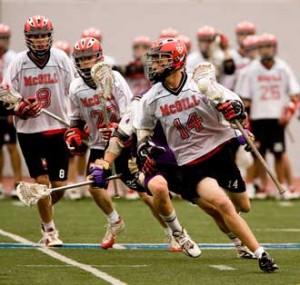 The lacrosse Redmen regularly face of against teams that feature some professional box lacrosse players. / Photo: Andrew Dobrowolskyj