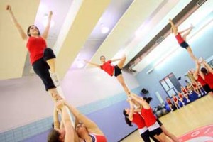 Some members of the high-flying McGill Cheerleading Team practice in preparation for an upcoming competition in the U.S. / Photo: Owen Egan
