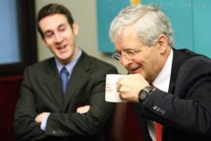 Alan Halpert (left) and former astronaut and now Liberal MP Marc Garneau chat over coffee at Desautels. Halpert, an MBA/Law student interested in space law, recently won a scholarship for a summer Space Studeis Program run by the international Space University of Strasbourg, France. The program will be held at the Ames Research center in Mountain View, Calif. / Photo: Owen Egan