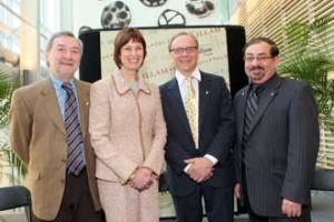 Principal Heather Munroe-Blum with Killam Prize winners (from left to right) François Ricard, Philippe Gros and Wagdi Habashi. / Photo: Owen Egan