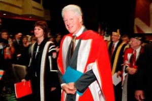 Former U.S. President Bill Clinton leads the platform party from the stage following the Oct. 16 ceremony at which he was granted a Doctor of Laws, honoris causa, from McGill./ Photo: Owen Egan