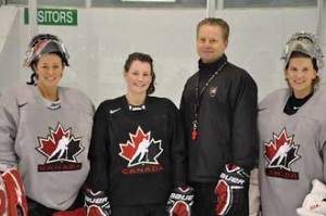 From left to right, Team Canada’s McGill Four:  Charline Labonté, Catherine Ward, Peter Smith, and Kim St-Pierre. / Photo: Marco Marciano/Hockey Canada