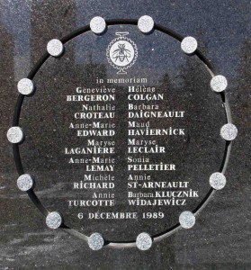 The plaque on the exterior wall of École Polytechnique commemorating the victims of the massacre. Photo courtesy of Wikimedia Commons.