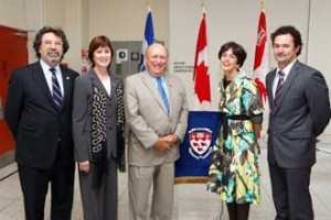 From left to right: Jacques Hendlisz, Director General, Douglas Mental Health University Institute; Principal Heather Munroe-Blum; Senator David W. Angus; Quebec Education Minister, Michelle Courchesne; and Dr. Martin Lepage, Director, Brain Imaging Group, Douglas Institute at the Sept. 14 Knowledge Infrastructure press conference. / Photo: Owen Egan