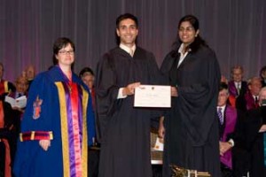 Dr Saima Hassan (right) receives the Canadian Research Award for Specialty Residents—Surgery, from Dr. Kevin Ramchandar (centre) and Dr. Louise Samson, FRCPC, President of the Royal College.