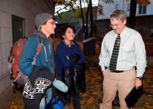 From left to right: School of the Environment student Jonathan Glencross,  Rebecca Dooley, VP, University Affairs, SSMU; and Jim Nicell, Associate VP, University Services have combined forces to promote the Sustainable projects Fund. / Photo: Owen Egan